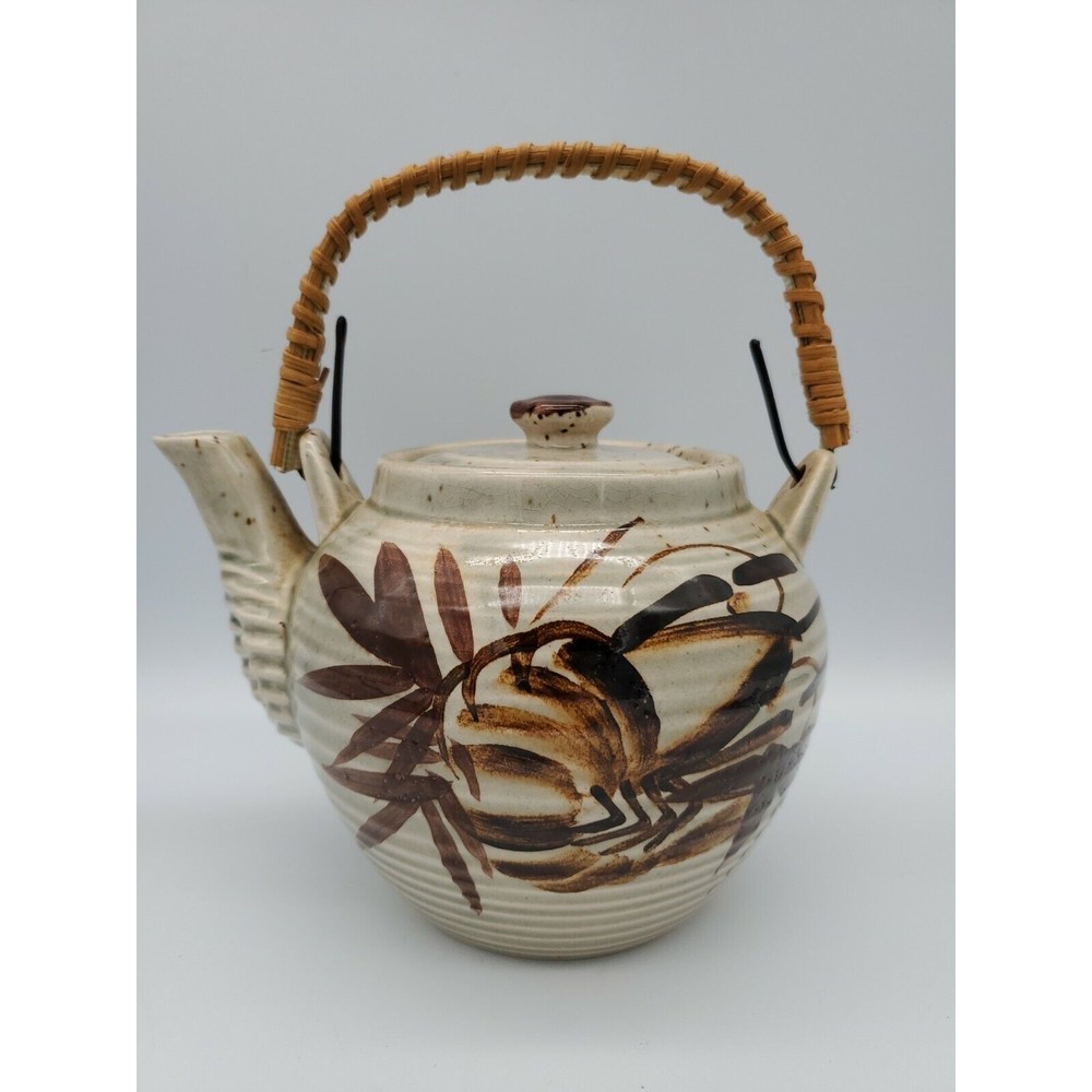 Vintage Japan Ceramic Stoneware Teapot with Wicker Bamboo Handle Asian